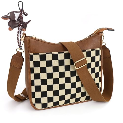Women's Checkered Crossbody Bag – Quilted Seam Trendy Vegan Leather Shoulder Bag with Embroidered Strap