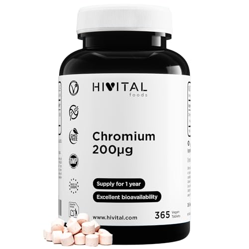Cromo 200 mcg. 365 comprimidos veganos para todo 1 año de tratamiento. 200 µg de Cromo puro por comprimido. El mejor Picolinato de Cromo, de alta biodisponibilidad y sin aditivos químicos. De HIVITAL