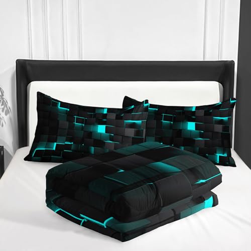 Image of Nttopship Neon Turquoise Black Comforter Set Queen Geometric Kids Bedding Set,3 PCS Geometry Honeycomb Bed Set Modern Quilt Set 1 Comforter 2 Pillow Cases Cool Room Decor All Season B-Side Black