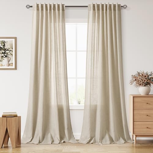 Image of Eggshell Beige Linen Curtains for Living Room 100 Inches Long Light Filtering Semi Sheer Curtain Back Tab Rustic Farmhouse Decor Burlap Luxury Boho Drapes for Bedroom Dinner Room 52x100, 2 Panels