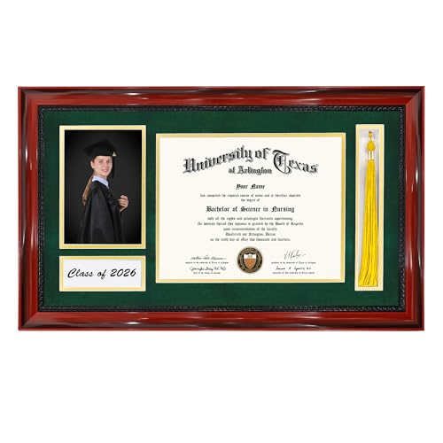 GMFrames Class of 2026 Diploma Frame with Tassel Holder for 8.5x11 Certificate & 5x7 Photo,Solid Wood & Tempered Glass, Green over Gold Mat