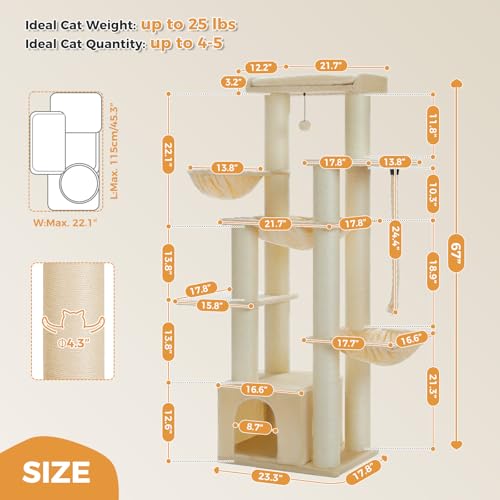 Image of 67 inch Heavy Duty Cat Tree for Indoor Cats, XXL Cat Tower with Thick Post | XXL Cat Tower with 13 Thick Scratching Posts (φ4.3 inch), Large Perch, Spacious Condo & Big Hammock - for Maine Coon up to 20 lbs