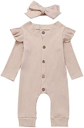 Seyurigaoka Newborn Baby Girls One Piece Jumpsuit, Infant Girl Knitted Romper Ruffle Long Sleeve Basic Bodysuit Underwear(Beige 6-12M)