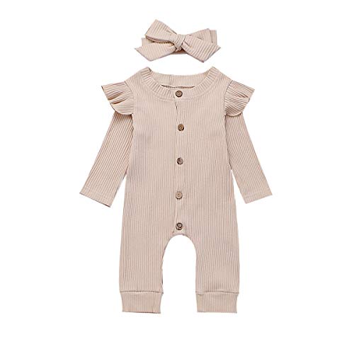 Seyurigaoka Newborn Baby Girls One Piece Jumpsuit, Infant Girl Knitted Romper Ruffle Long Sleeve Basic Bodysuit Underwear (Beige 0-6M)