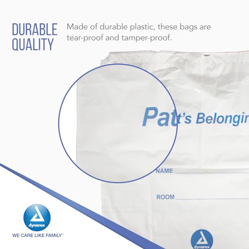 Image of Dynarex 8016 Patient Belonging Bag with Drawstring, 20 inch Length, 20 inch Width, 4 inch Height, White, Pack of 250