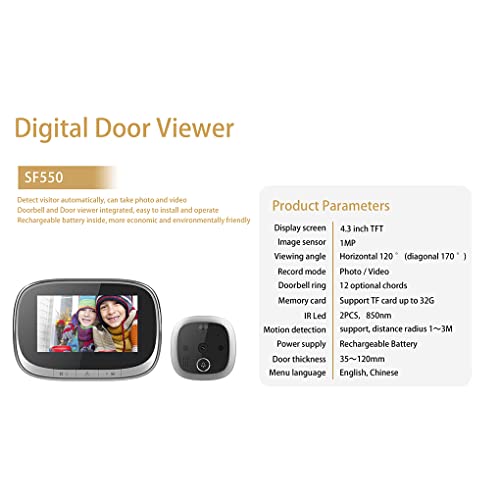 CUDDIKAJI Visor de olho de porta de campainha digital LCD de 4,3 polegadas LCD 32G Gravador de câmer