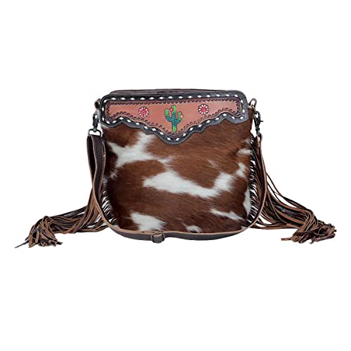 Myra Bag Western Leather Crossbody Bag for Women - Upcycled Canvas Shoulder Bag with Tassels Cutesy Cactus - Main Image