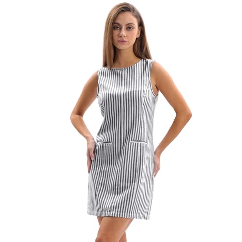 Image of Amazhiyu Womens Summer Linen Blend Striped Dress, Ladies Casual Sleeveless Crew Neck Beach Dresses for UK Women Black&White Striped L