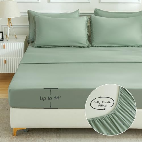 Image of Andency Full Size Comforter Set Sage Green -7 Pieces Boho Tassel Bed in a Bag Soft Lightweight Bedding Sets, All Season Fringe Bed Set with Comforter, Sheets, Pillowcases & Shams