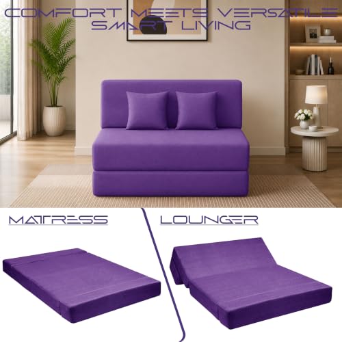 Image of Los Angeles Foldable Two Seater Sofa Cum Bed, Sofa Bed 4 X 6 Feet Jute Fabric Washable Cover- Including Cushion Perfect for Living Room - Purple Color
