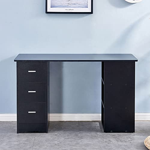 NICEME Schreibtisch mit Schubladen und Regal, 120x49 cm Computertisch Schwarz, Schreibtisch mit Stauraum… – Bild 3
