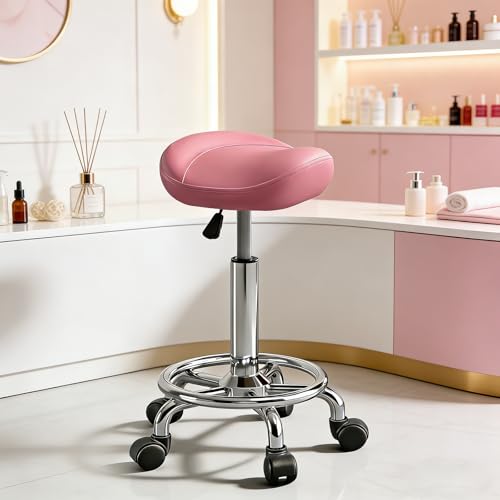 Image of Saddle Stool with Wheels, Adjustable Rolling Stool Chair with Back Support, Ergonomic PU Leather Saddle Chair for Salon, Massage, Tattoo, Medical, Spa, Office (Pink, 1PCS)