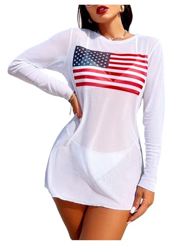 GORGLITTER Women's American Flag Long Sleeve T-Shirt Mesh Round Neck Cover Up Dress Beachwear
