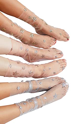 Fxmimior Fashion Women Hot Glitter And Stars Tulle Socks (Silver) #TOP2