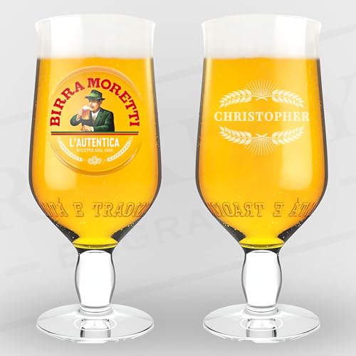 Vaso de cerveza personalizable Birra Moretti grabado con cualquier nombre en pancarta temática, regalo para cumpleaños, día del padre, aniversario