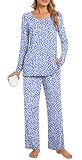 POPYOUNG Women's Pajama Sets Long Sleeve Pjs 2 Piece Fall & Winter Lounge Sleepwear Sets with Pockets Large, Spot Blue