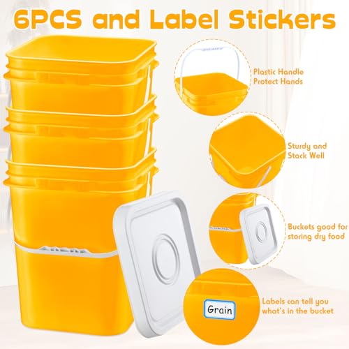 Vesici 6 Pcs 5 Gallon Square Bucket Pail with Plastic Handle and Lid Storage Food Container Industrial Pail with DIY Label Sticker for Multipurpose Paint Water Art Crafts Project(Yellow)