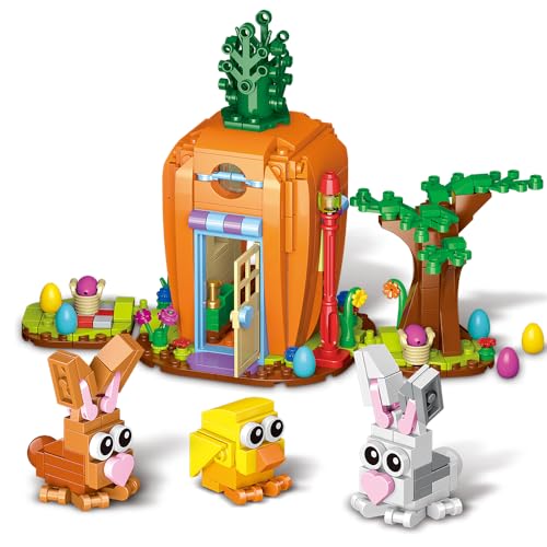Jarsant Easter Bunny Carrot House Building Set, 2 Rabbits, Chick, Colorful Easter Egg and Basket Toy, Building Blocks Kit Ornaments Gift for Boys Girls Adults