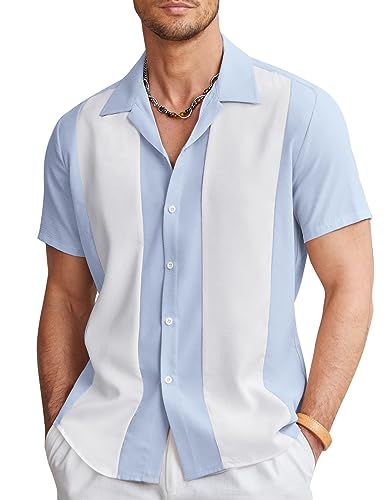 COOFANDY Masculino Camisa De Boliche Vintage Manga Curta Abotoada Verão Cuba Praia Camisas Azul Clar