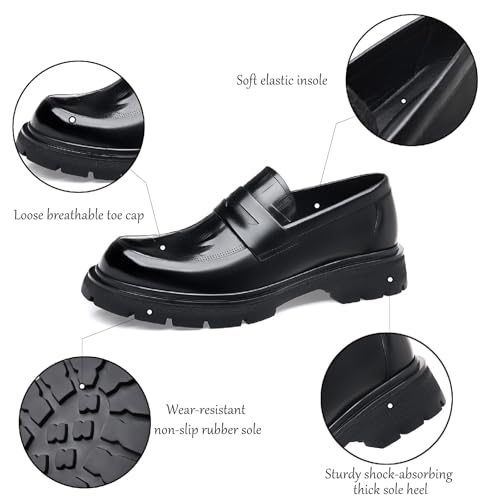 Men's Genuine Leather Slip-On Dress Platform Chunky Loafers Fashion Loose Round Toe Non-Slip Lug Soletoe Business Formal Loafers Party Wedding Prom Work Penny Shoes3