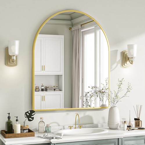 Image of VooBang Arched Wall Mirror, 26 x 28 inch Arch Bathroom Mirror, Wall Mounted Vanity Mirror with Arch Metal Frame, Modern Bathroom Vanity Mirror for Bedroom, Living Room, Hanging or Leaning, Gold