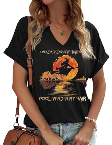 Womens Sanderson Sisters V Neck Shirts Halloween On a Dark Desert Highway Cool Wind in My Hair Short Sleeve Tee Holiday Autumn Tops(XL,H-Black-1)