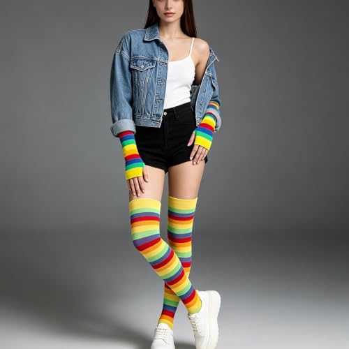 Image of YELAIVP Over Knee Rainbow Thigh High Socks Gloves Set Cosplay Accessories Arm Leg Warmers for Girls