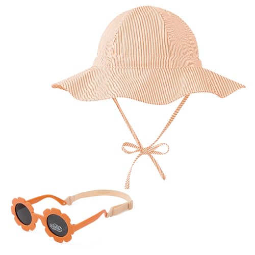 Image of Zando UPF 50+ Wide Brim Baby Sun Hat with Sunglasses 0-12M - Sun Protection Infant Toddler Bucket Hat Adjustable for Outdoor