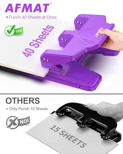 Image of AFMAT 3 Hole Punch Heavy Duty, 40-Sheet Three Hole Punch, 50% Reduced Effort, 3 Hole Puncher for Binder w /Large Chip Tray, 9 /32 inch Holes Diameter, Metal Paper Puncher for Home /Office /School,HP14(Purple)