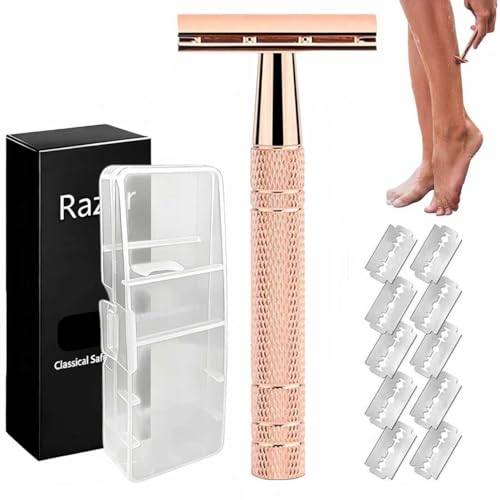 Double Edge Matte Rose Gold Safety Razor Single Blade Razors for Women Reusable Metal Razor with 10 Stainless Steel Double Edge Blades with storage box Eco-friendly Smooth & Close Shave