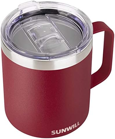 SUNWILL 14 oz Coffee Mug, Vacuum Insulated Camping Mug with Lid, Double Wall Stainless Steel Travel Tumbler Cup, Coffee Thermos Outdoor, Powder Coated Wine Red