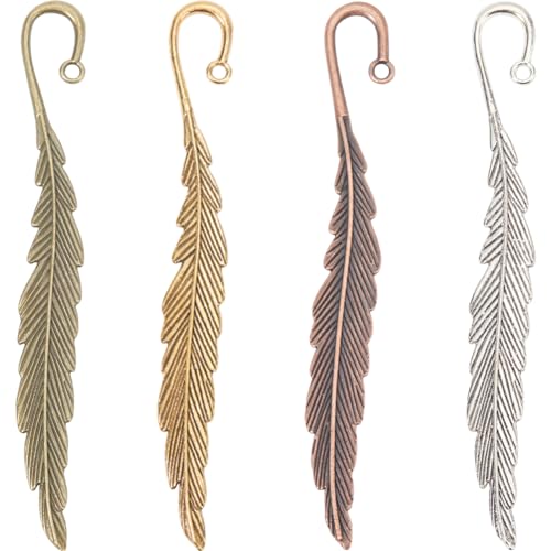 SUNNYCLUE 8Pcs Silver Feather Bookmarks Hook Bookmark Bulk Alloy Leaf Tibetan Style Gold Bronze Metal Book Mark with Loop Vintage Retro Bookmark Findings for Crafts Book Reading Teacher Student Gift