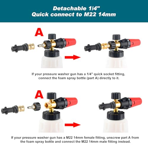 Rdutuok Pressure Washer Foam Cannon with Dual-Connector Double Tip Attachment Dual Lance Pressure Washer Wand for Soap Cannon 5 Power Washer Sprayer Nozzle Tips M22 and 1/4\" Quick Connect 3600PSI