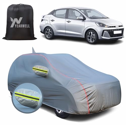 Image of Car Body Cover for Hyundai Aura, 100% Waterproof, Heat-Resistant with Mirror & Antenna Pockets, Soft Cotton Lining, Triple Stitched, Green Reflector (Metallic Grey)