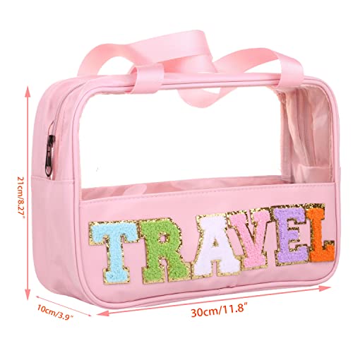 Cruoxibb Chenille Letter Patch Clear Pvc And Pu Leather Large Travel Makeup Toiletry Storage Bag Waterproof Makeup Tote Bag For Women (Travel-Pink) #TOP2