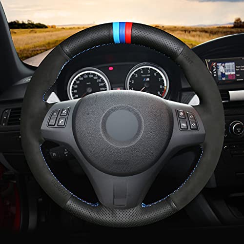 Mewant Diy Customized Hand Stitch Black Real Leather Black Suede Car Steering Wheel Cover For Bmw 1 Series E81 E82 E87 E88 2008-2013 / 3 Series E90 E91 E92 E93 2006-2011 / M3 E90 E92 E93 2008-2013 #TOP3