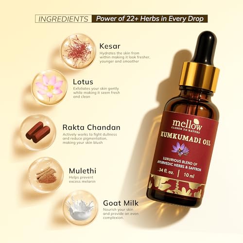 Image of Mellow Kumkumadi Oil for Face Ayurvedic Facial Oil for Glowing with 22 Herbs & Saffron, Deep Nourishment & Hydration | Helps Improve Pigmentation & Fine Lines, Anti-Aging Face Serum | Daily Skin Care 10ml