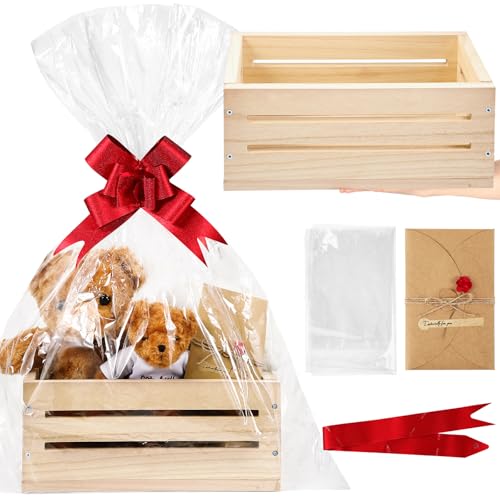 Image of Wonderjune Wooden Baskets for Back to School Gifts Empty Wood Basket with Cellophane Bag Ribbon Greeting Card for Birthday Baby Shower Wedding Housewarming Gifts Packaging(Wood,Large)