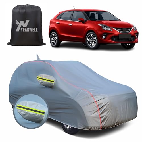 Image of Car Body Cover for Toyota Glanza New, 100% Waterproof, Heat-Resistant with Mirror & Antenna Pockets, Soft Cotton Lining, Triple Stitched, Green Reflector (Metallic Grey)