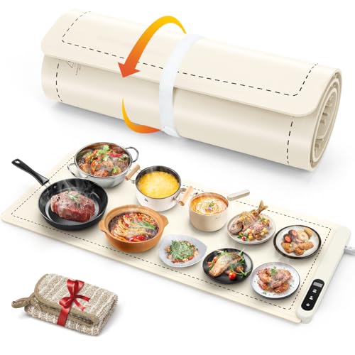 Image of FYY Warming Mat for Food with Heat Resistant Pad - Rapid and Full Surface Heating, 7 Temp Settings, 6H Timer, Rollable Portable Food Warming Mat for Countertop Party Buffet Keep Meal Warm (XXL, Beige)