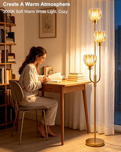 Image of 3-Lights Modern Glass Floor Lamp Gold Dimmable Floor Lamps with 3000K Warm White Bulbs for Wedding Party 66IN Tall Standing Lamp with Amber Glass Shade for Living Room /Bedroom /Girls Room