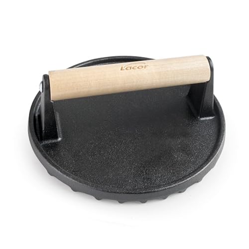 Lacor - 25862 - Prensa Hamburguesas Redonda Magma, Hierro Fundido, Mango Ergonómico de Abedul, Superficie Acanalada, Ø17.5 cm