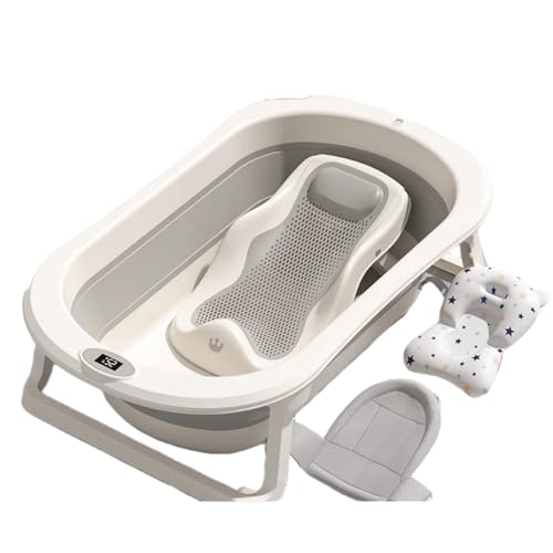 Youluck折りたたみ式ベビーバスタブ、浴槽、お風呂、ベビー掃除バケツ、子供がお風呂に入るのに便利、保管しやすい0~8歳、安全なPP素材、折りたたみ後の高さ9CM、スペースを節約(オフホワイト)【並行輸入品】 (バスタブ+バススタンド+バスマット+バスネ