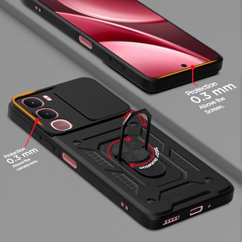 Image of Pikkme Back Cover for Vivo Y31 5G | 360 Protection Case | Sliding Camera Shield Cover & Ring Holder Stand D10 Tough Armor Bumper Case (Black)