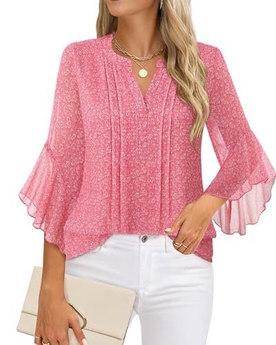 Image of Timeson Women's Short Sleeve V Neck Blouses Shirts Floral Double Layers Mesh Tunics Tops