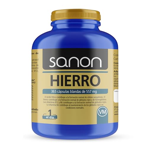 SANON Hierro Suplemento - 365 Cápsulas de 556,8 mg - Ácido Fólico y Vitamina B12, B1, B2, B3 y B6 - Ayuda a Combatir el Cansancio y la Fatiga - Contribuye Formación de Glóbulos Rojos y Hemoglobina