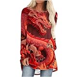 Chinese New Year Clothing Chinese New Year Clothing Adult Men Chinese New Year Shirt for Women 2024 Chinese Dragon Graphic Crewneck Long Sleeve Top Celebration Fashion Blouses Red M