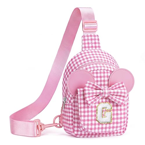 Image of Anoup Birthday Gifts for Kid Girl Toddler Checkered Sling Bag Purse, Pink G | Birthday Gifts for 2 3 4 5 6 7 Year Old Girl, Kids Initial Sling Bag, Checkerboard Letter Waist Packs, Purses for Little Girl