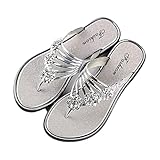 DirraBra Women's Rhinestone Rose Open Toe Flip Flops Summer Fashion Slippers New Sandals Comfortable Non-Slip Flat Slippers (Silver,9)