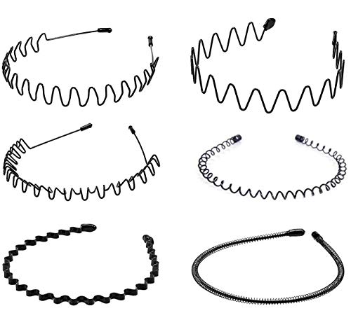6 PCS Metal Hair Hoop, AOSEA Spring Wave Multi-Style Hairband Flexible Headband Accessory for Women Men-Black